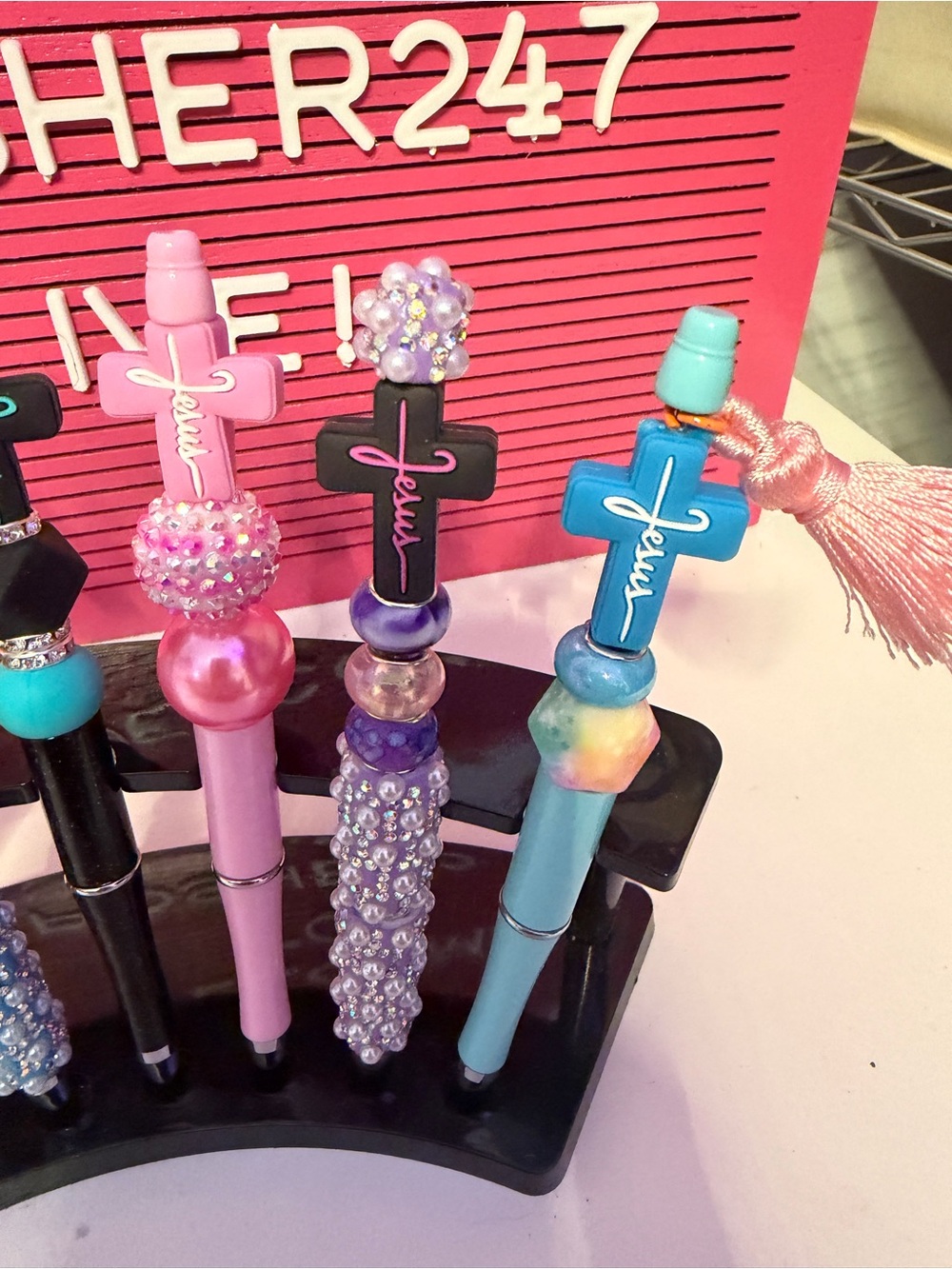 CHRISTIAN CUSTOM CROSS Beaded Pens - Pink, Aqua, Black,Purple $6 ea or 6/$30 - Picture 5 of 6